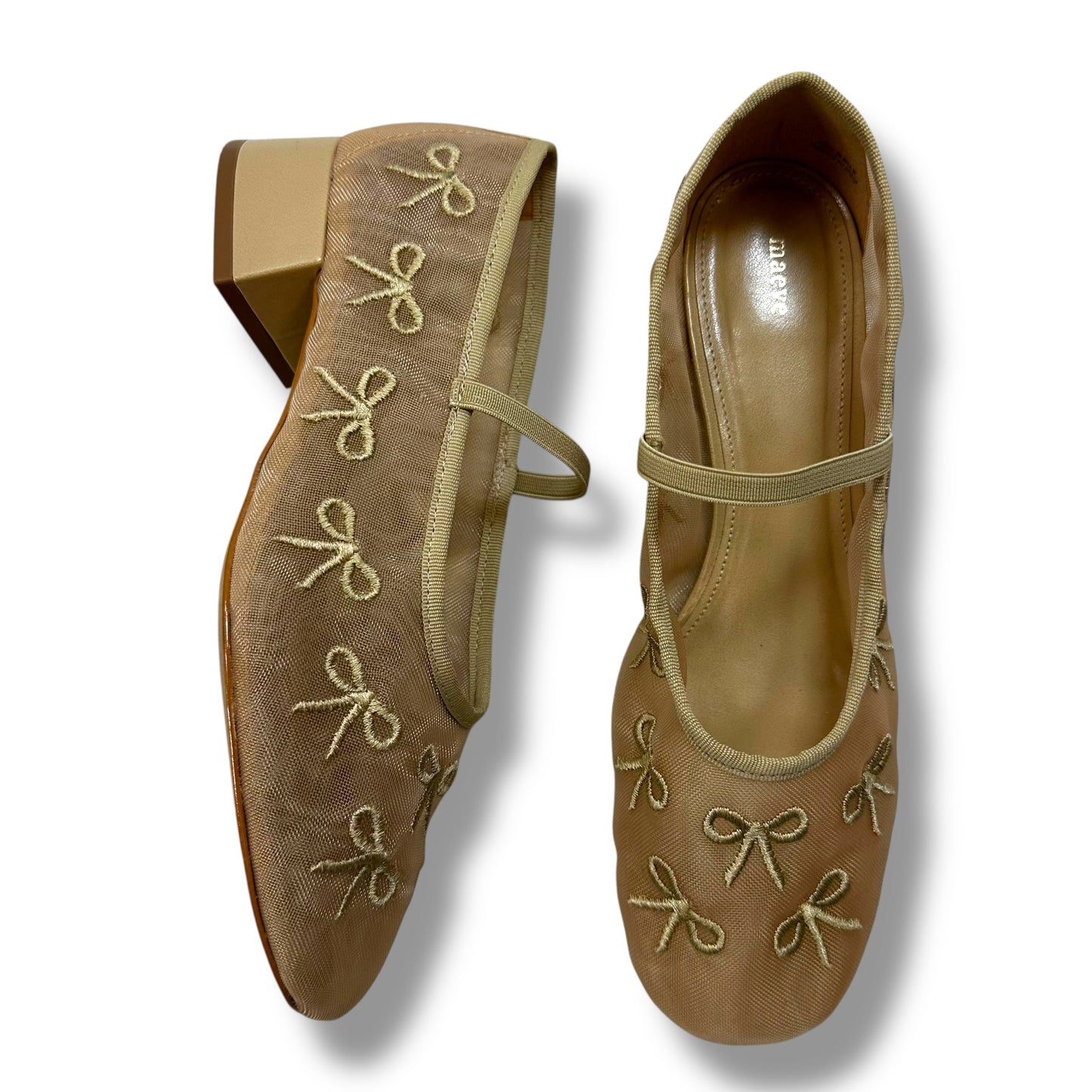 Bow embroidered Mary Jane Shoes Flats By Maeve In Tan, Size: 7.5
