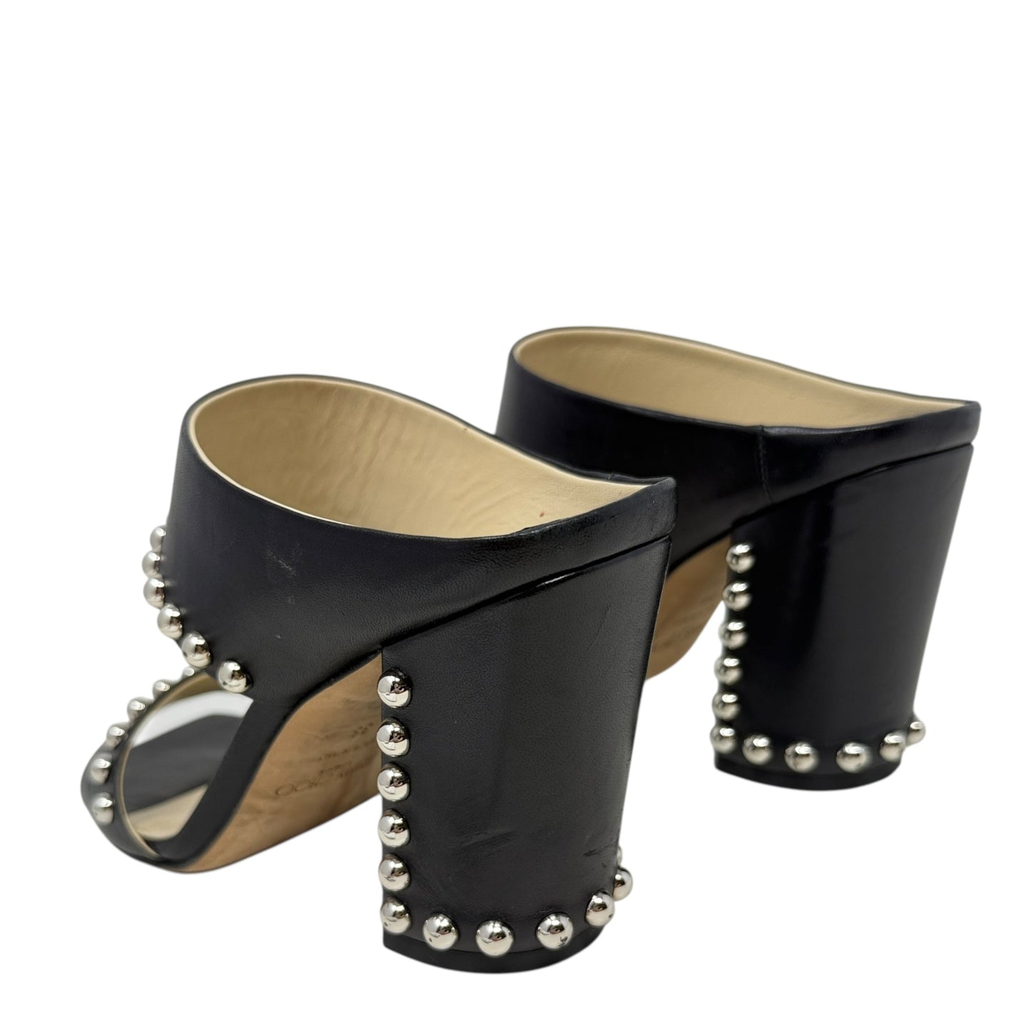 Matty Silver Studded Black Leather Mules Luxury Designer By Jimmy Choo In Black, Size: US 8/IT 38