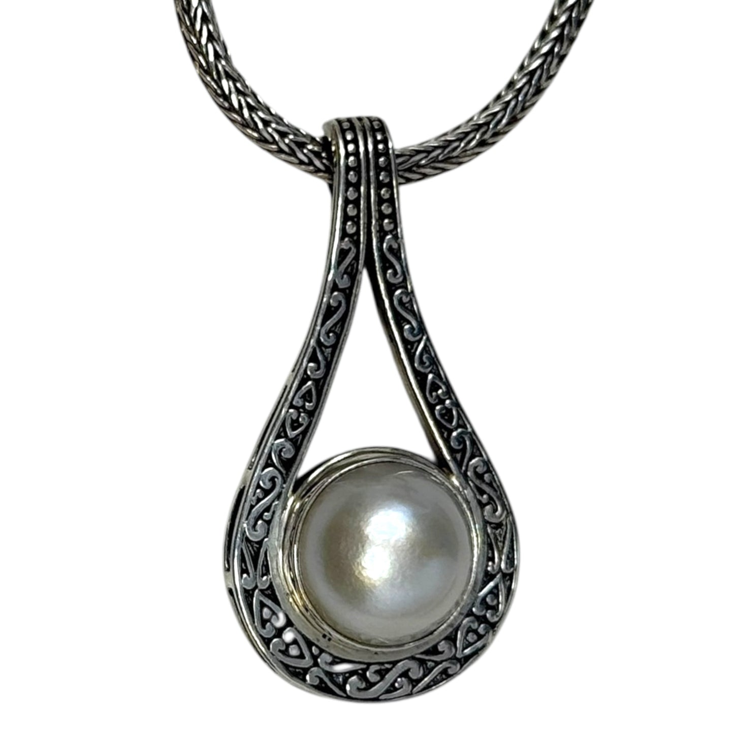 Sterling Silver Mabe Pearl Scrollwork Pendant & Wheat Chain Necklace