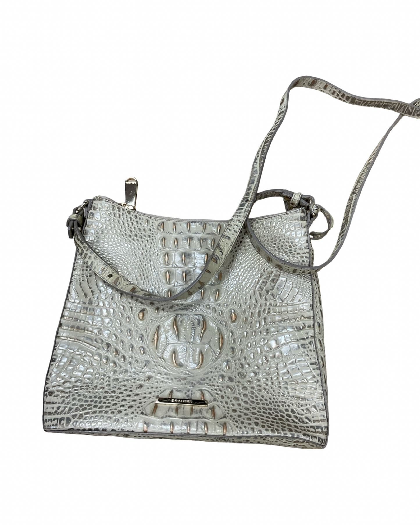 Crossbody Designer By Brahmin In Cream & Grey, Size:Medium