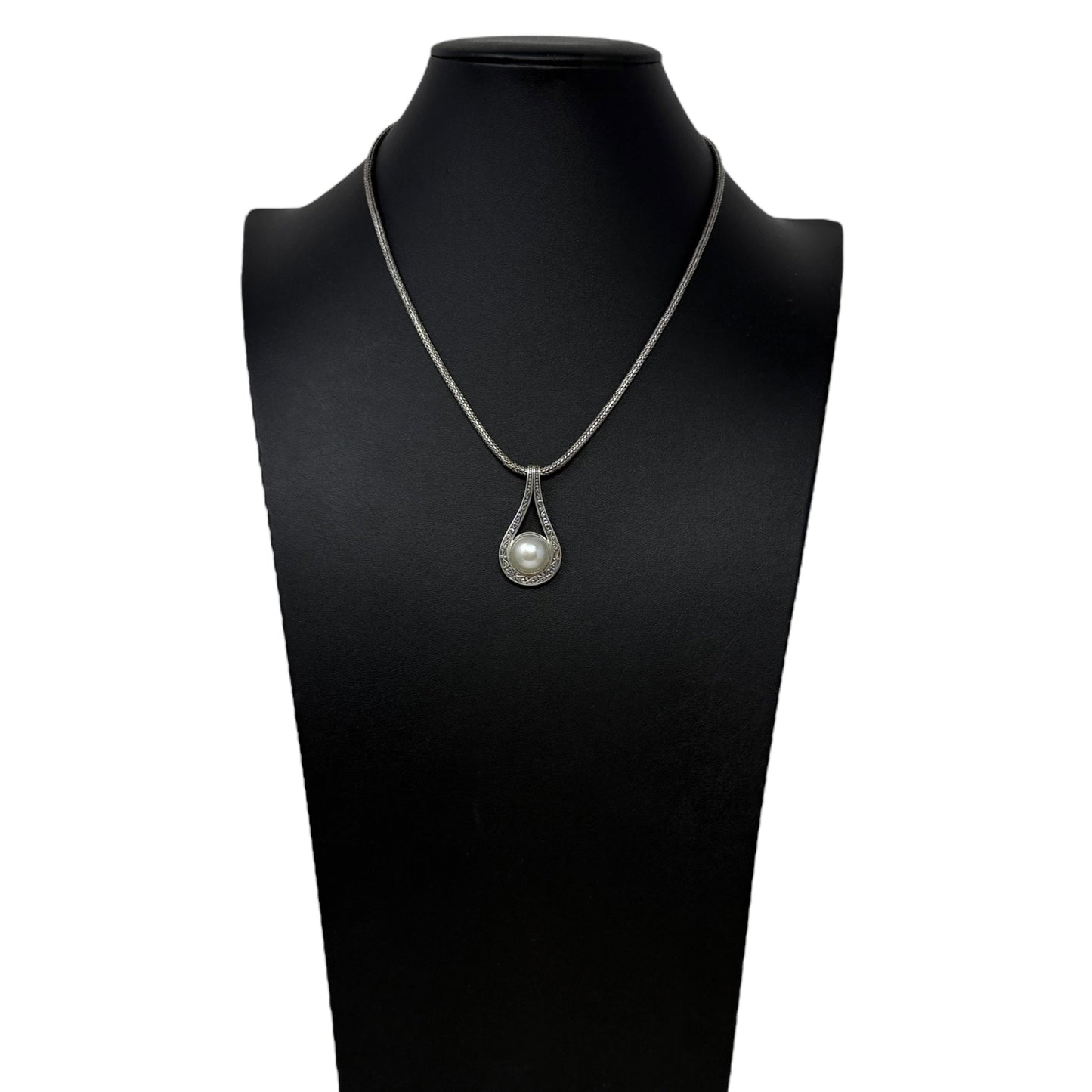 Sterling Silver Mabe Pearl Scrollwork Pendant & Wheat Chain Necklace