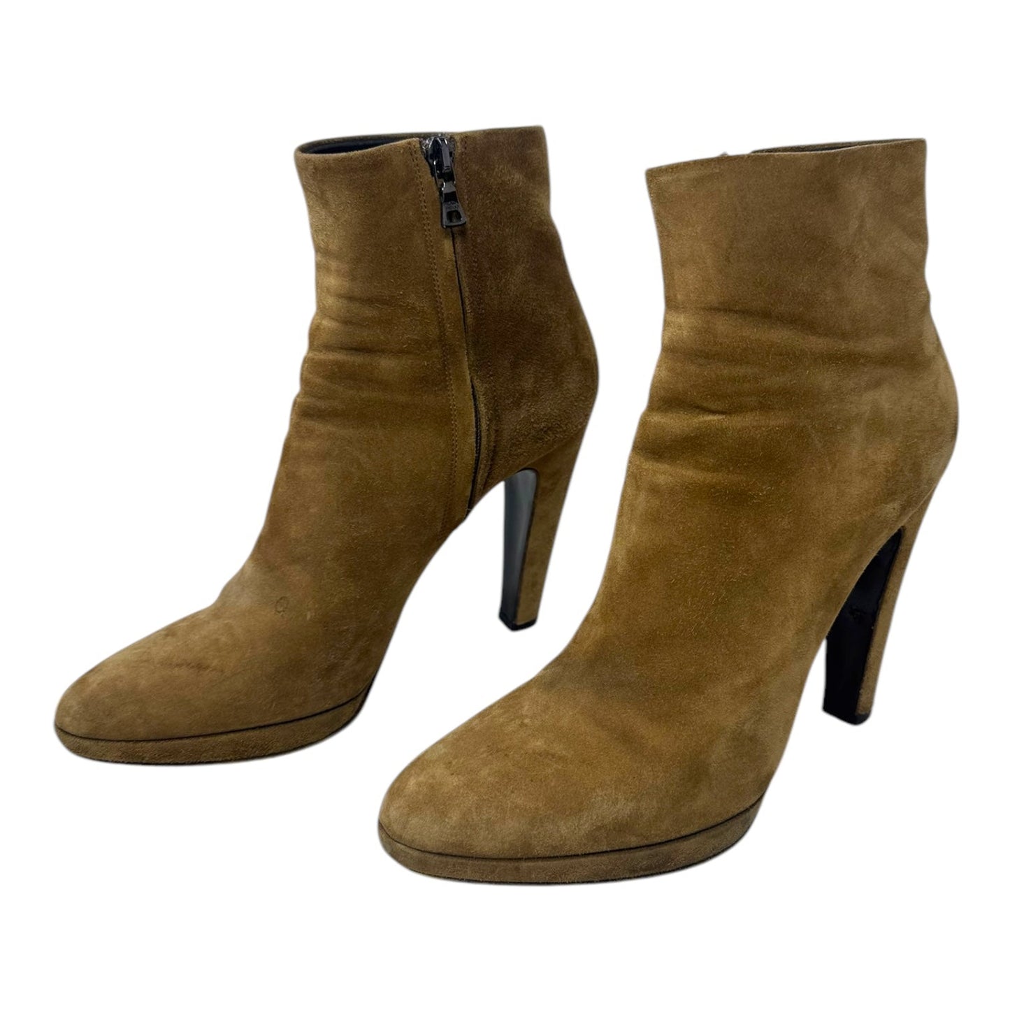 Platform Suede Ankle Booties Luxury Designer By Prada In Tan, Size: US 8.5/EU 38.5