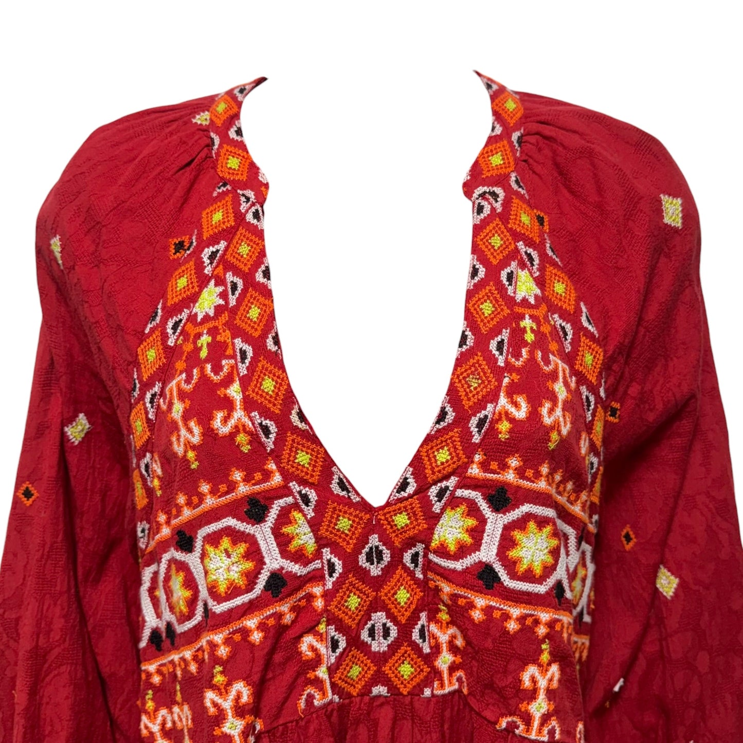 Niamh Embroidered Tunic Dress By Anthropologie In Red & Yellow, Size: S