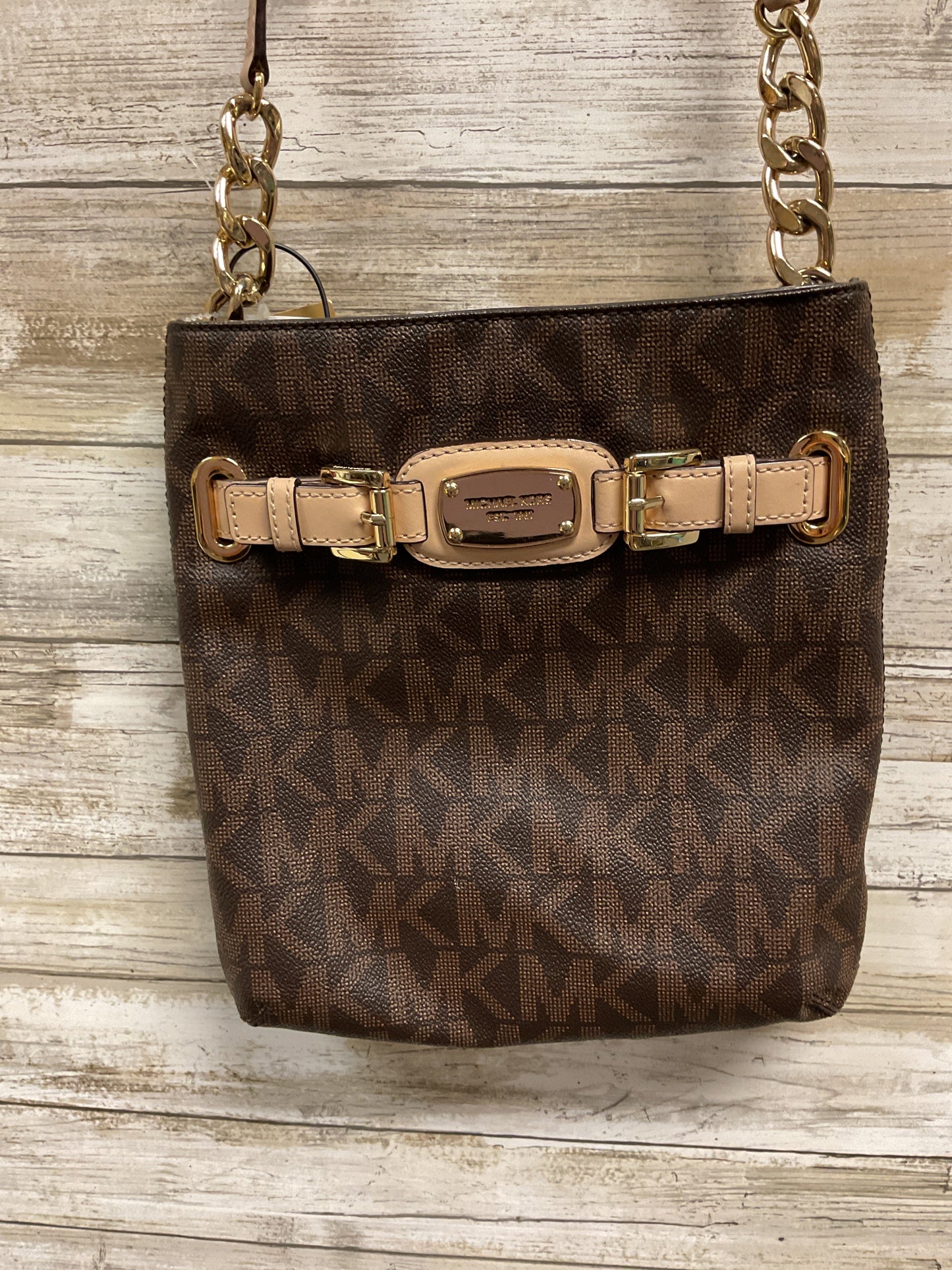 Crossbody Designer By Michael Kors In Brown & Gold, Size:Medium