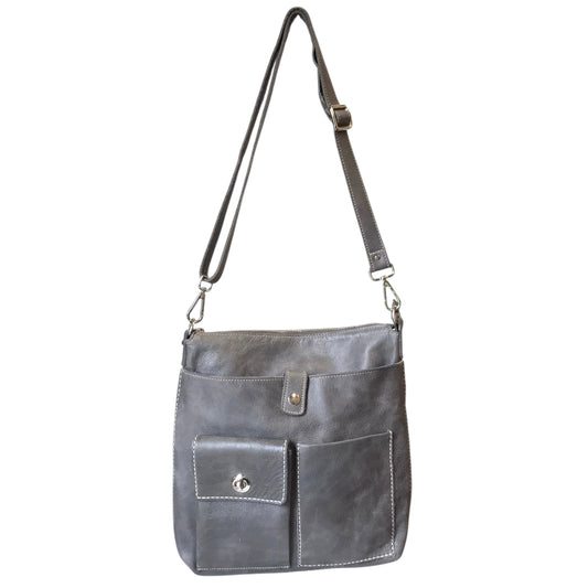 Crossbody Leather By Roots In Grey, Size:Large