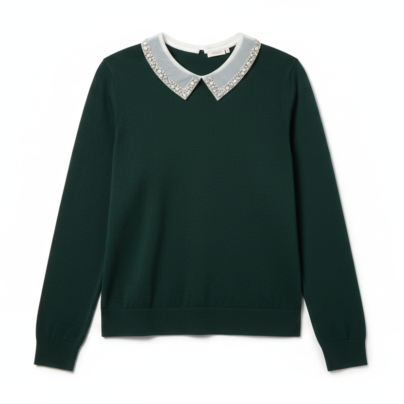 Pearl Embellished Peter Pan Collar Sweater By Liv Milano In Green & White, Size: XL