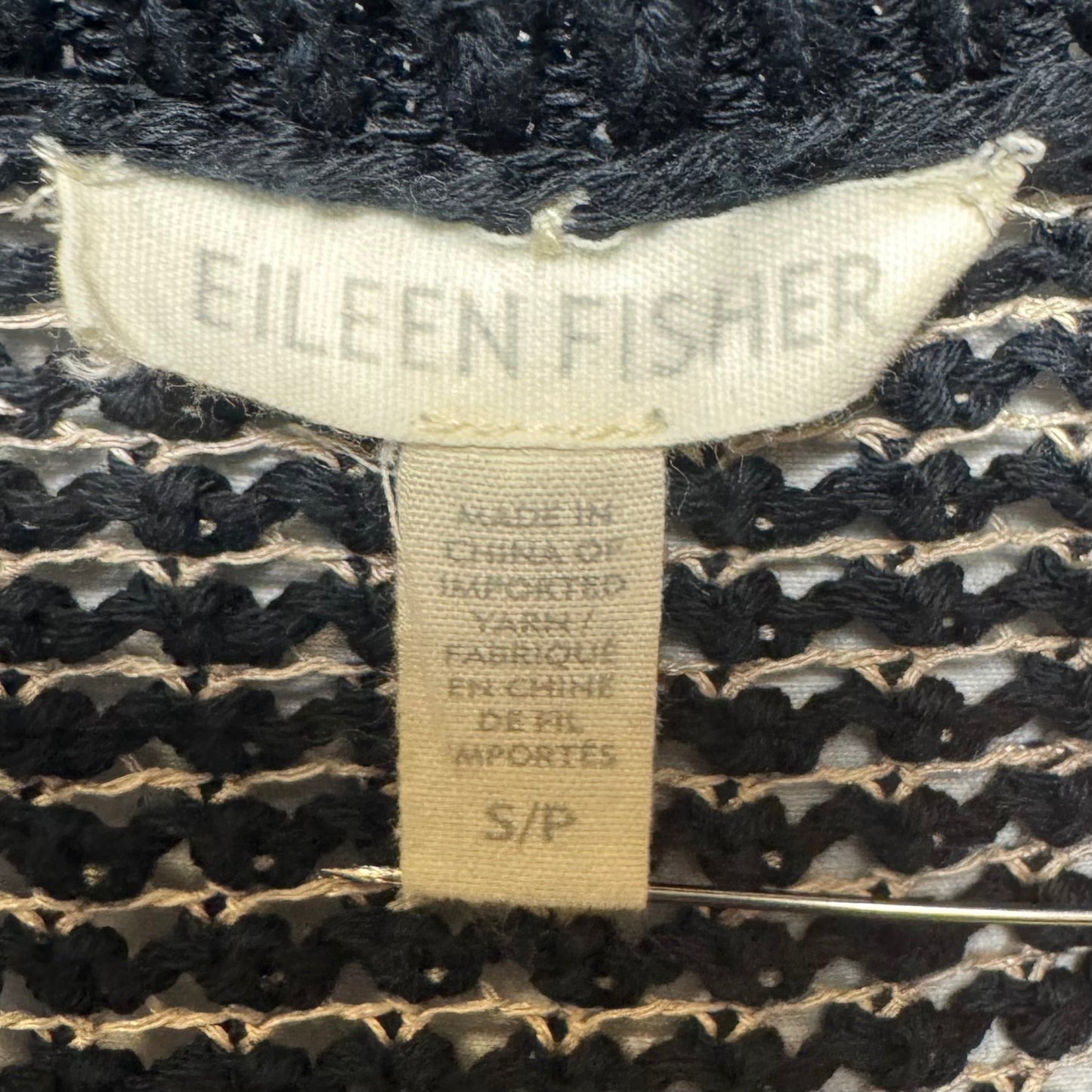 Organic Cotton Linen Blend Open Knit Sweater By Eileen Fisher In Black & Cream, Size: S