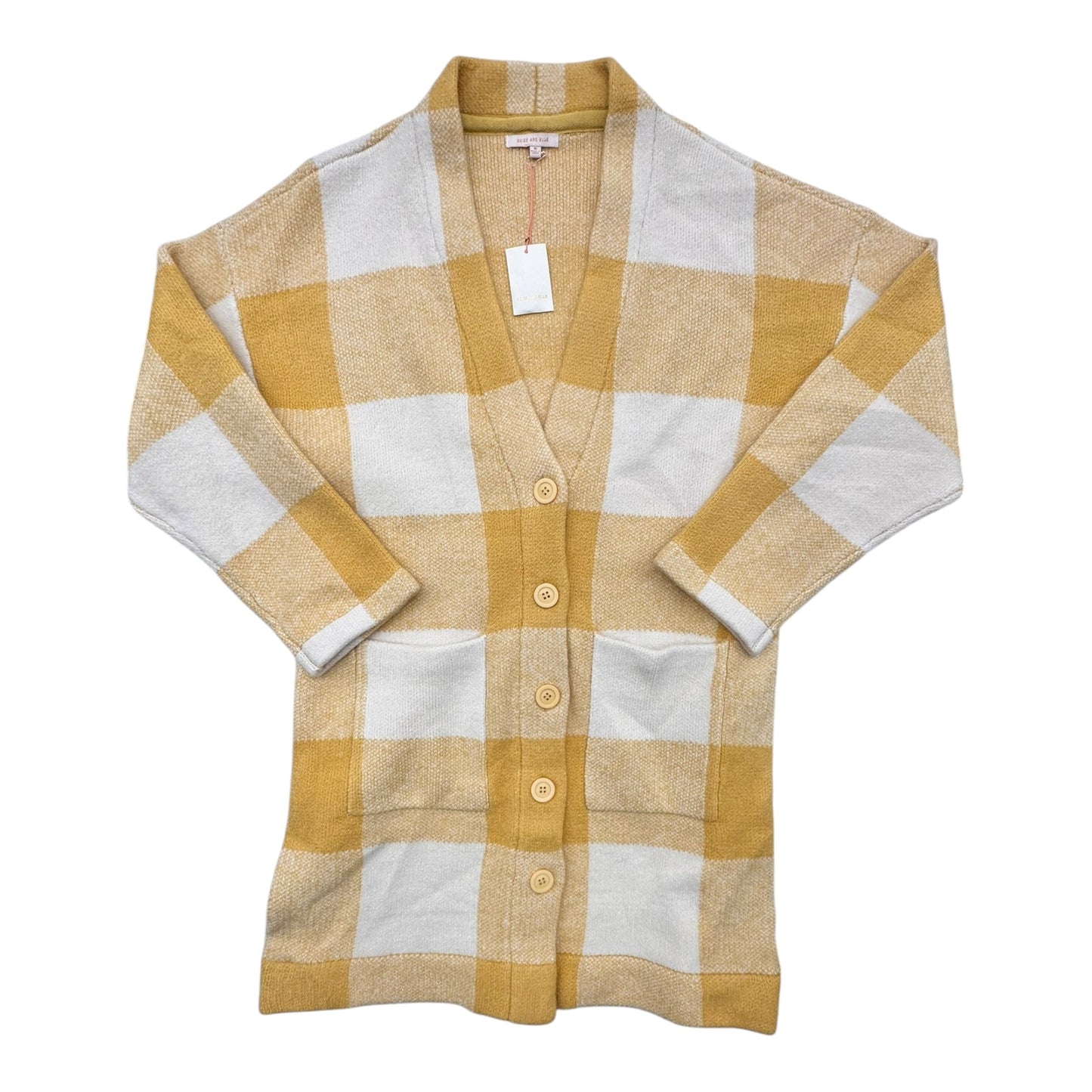Sweater Cardigan By Skies Are Blue In White & Yellow, Size:M