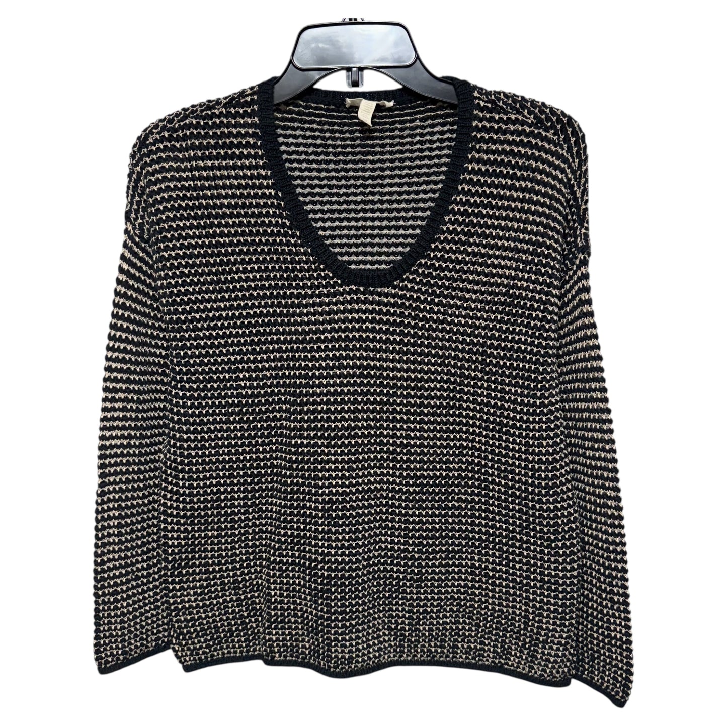 Organic Cotton Linen Blend Open Knit Sweater By Eileen Fisher In Black & Cream, Size: S