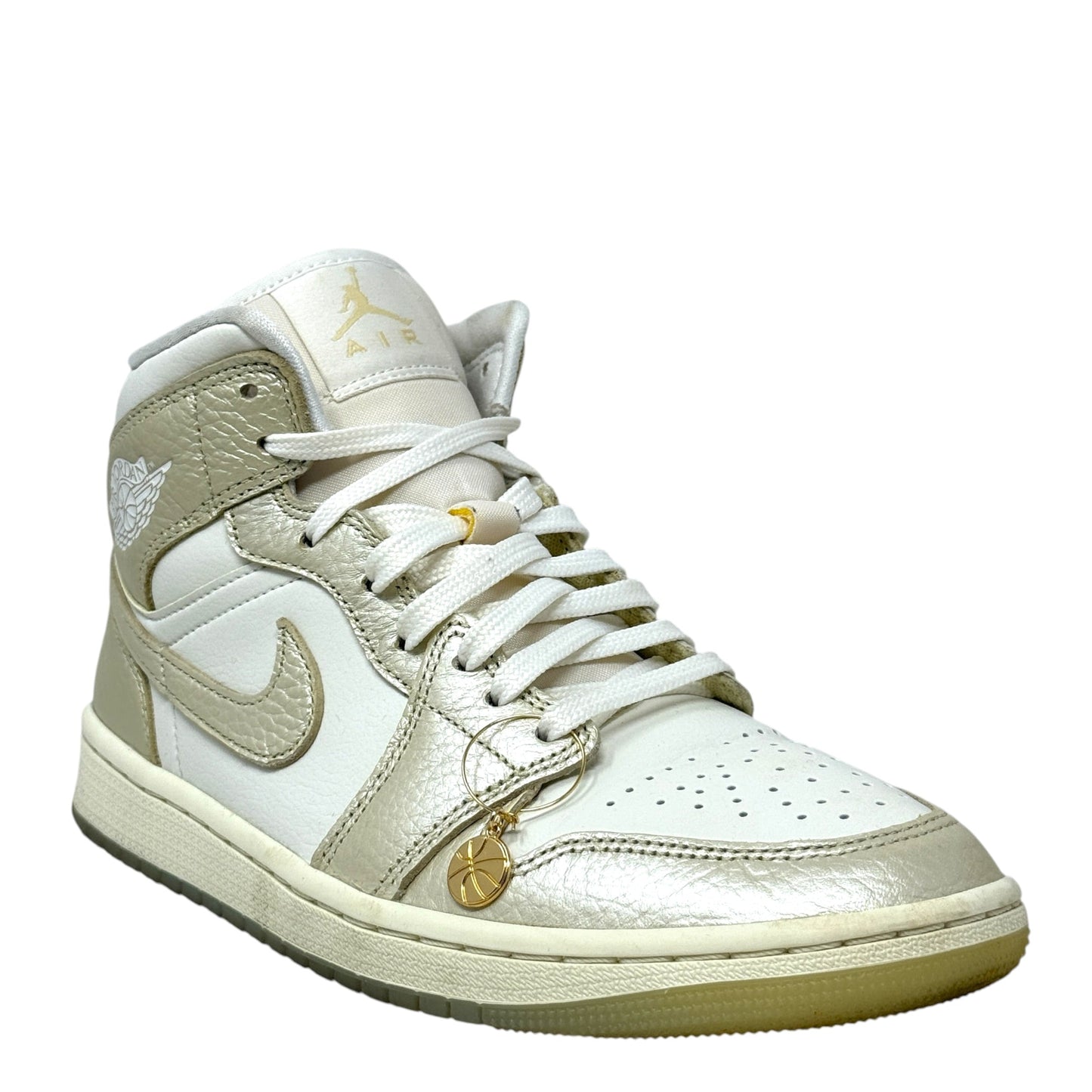 Air Jordan 1 Mid SE Hoops Gold Pack Sneakers Luxury Designer By Nike In Gold & White, Size: 8.5
