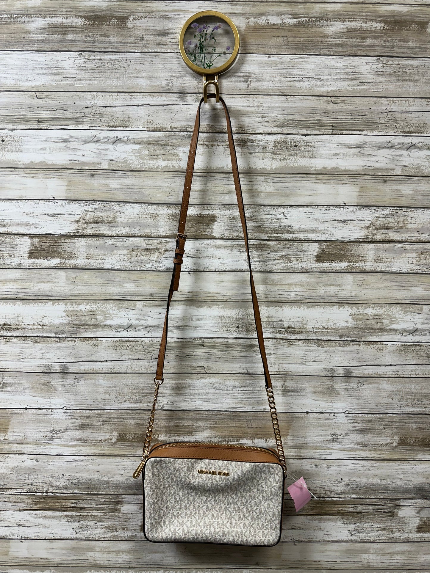 Crossbody Designer By Michael Kors In Brown & White, Size:Medium