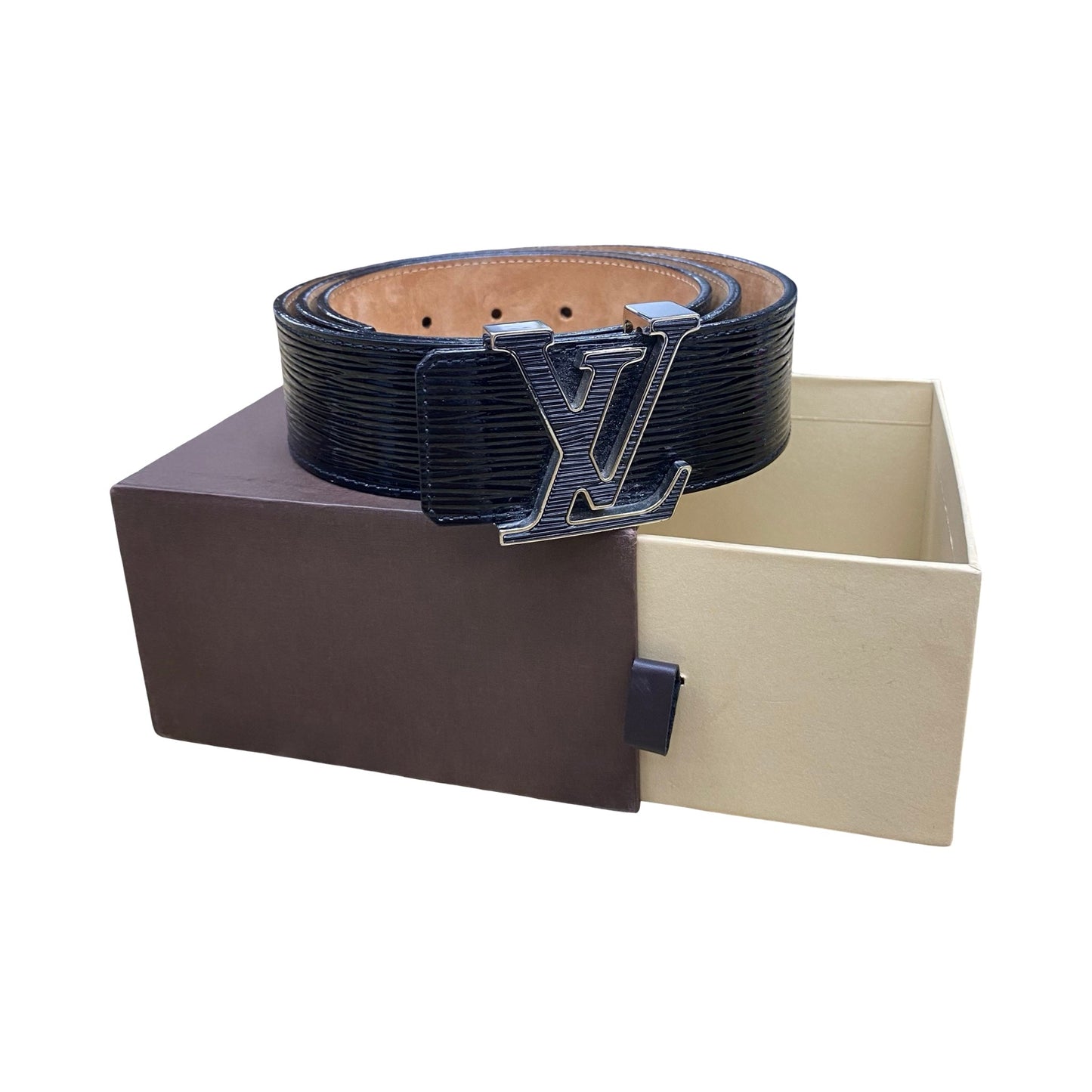 Belt Luxury Designer By Louis Vuitton In Black (LV EPI ELECTRIC 40MM BELT) Size: 95