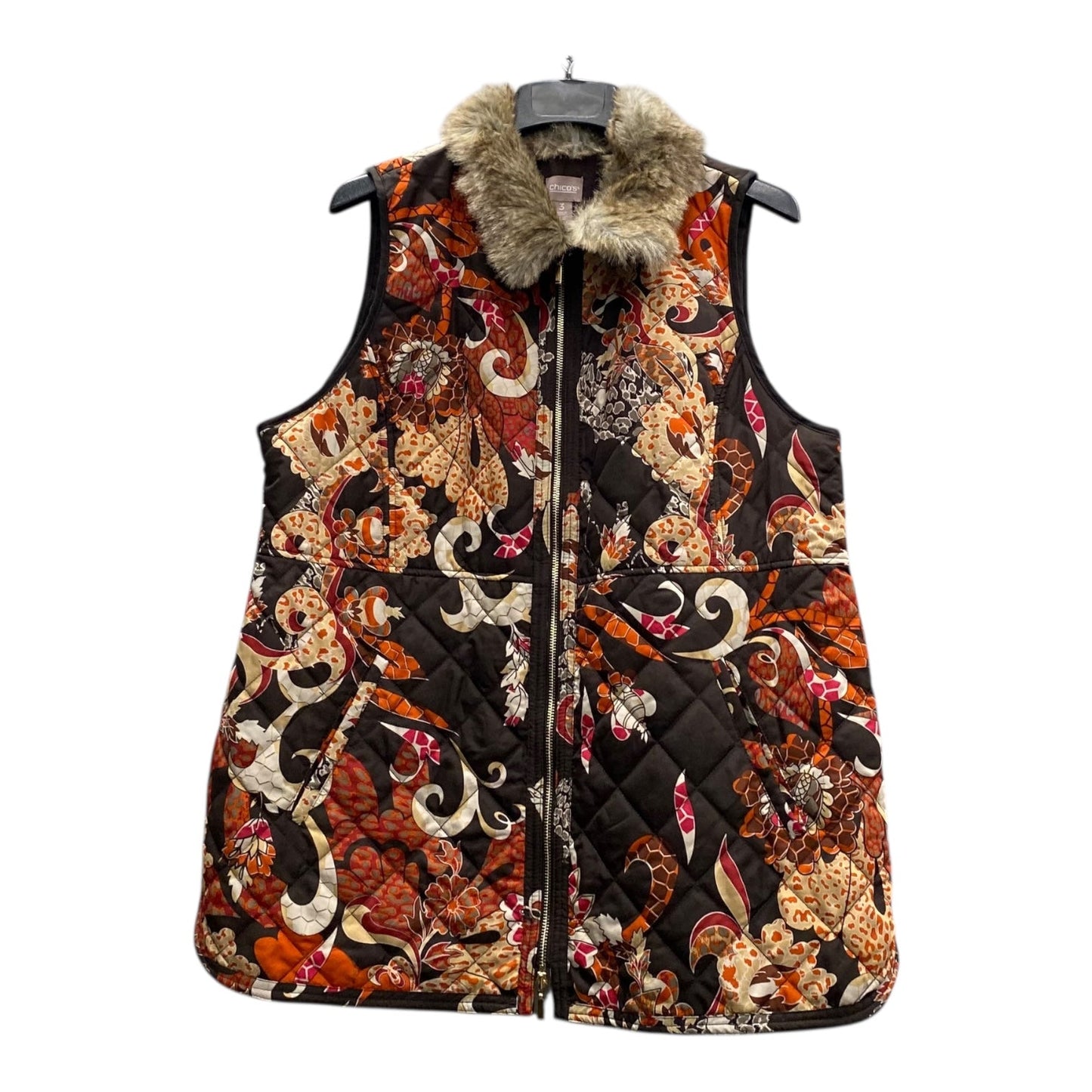 Vest Puffer & Quilted By Chicos In Brown & Orange, Size:Xl