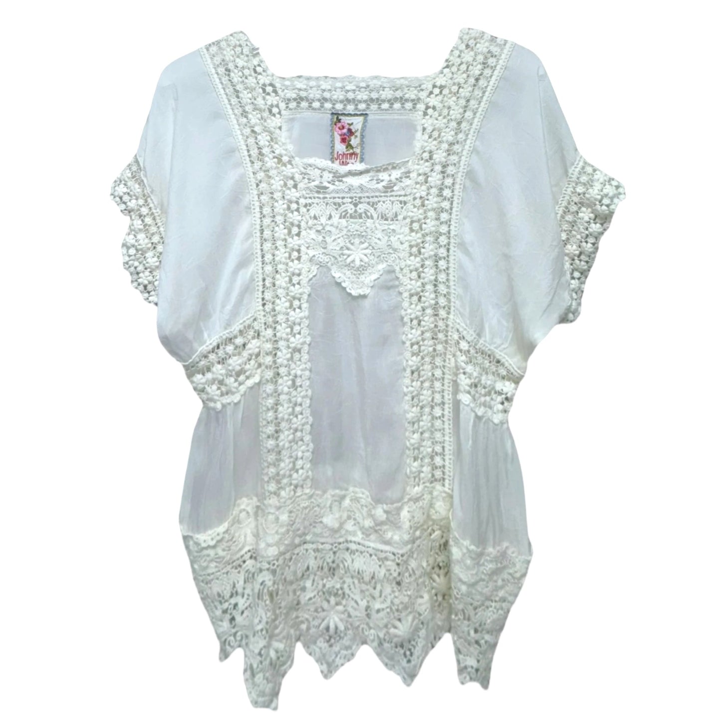 Crochet Lace Embroidered Tunic Short Sleeve By Johnny Was In Cream, Size: S
