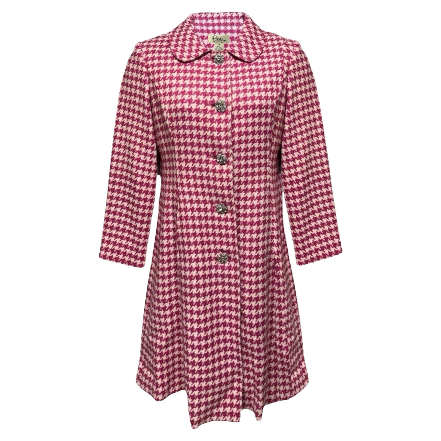 Vintage Houndstooth Coat Designer By Lilly Pulitzer In Pink & White, Size: M