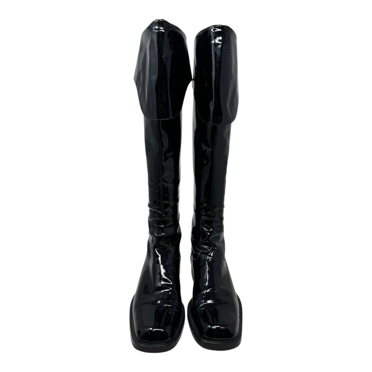 Vintage 2001 F/W Collection Patent Leather Cavalier OTK Boots Luxury Designer By Chanel In Black, Size: 7/37.5