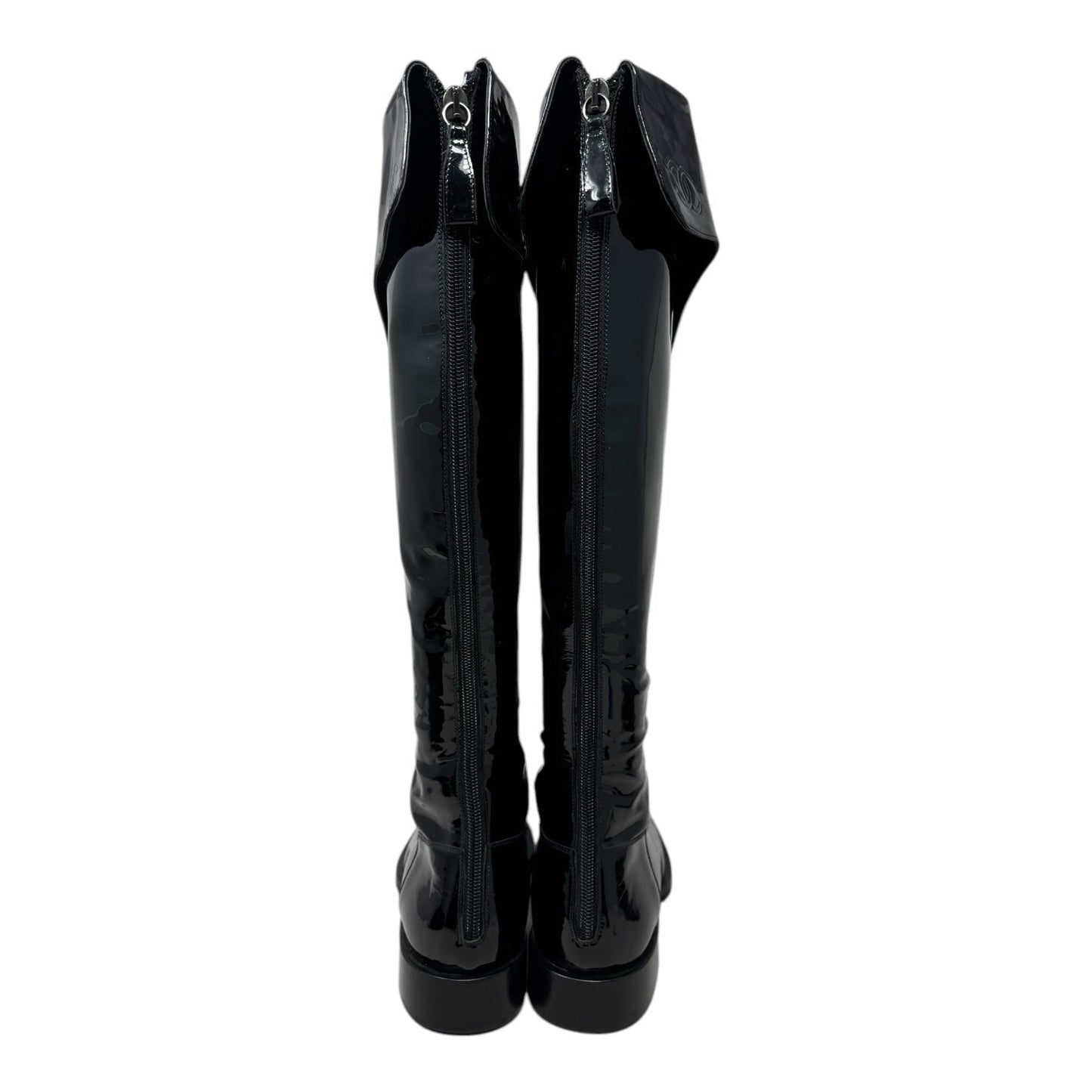 Vintage 2001 F/W Collection Patent Leather Cavalier OTK Boots Luxury Designer By Chanel In Black, Size: 7/37.5