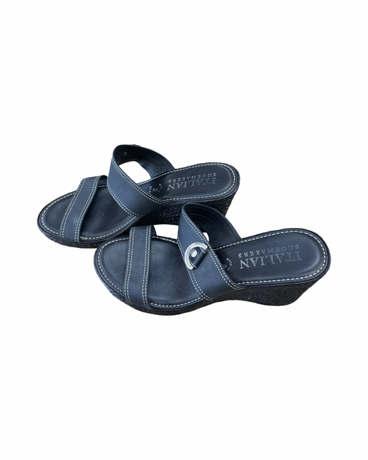 Sandals Heels Wedge By Italian Shoemakers In Black, Size:7