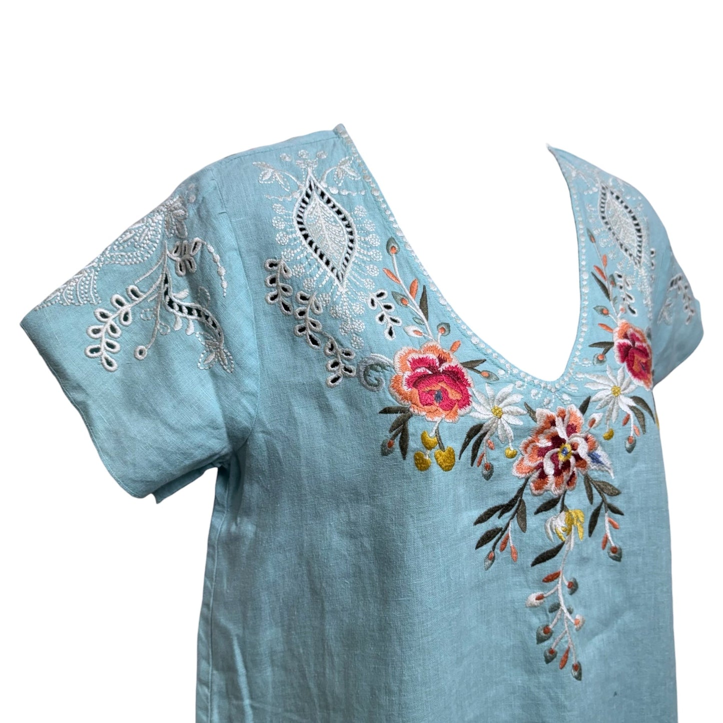 Assa Teal Blue Embroidered Linen Drape Tunic Dress By Johnny Was In Blue, Size: XS