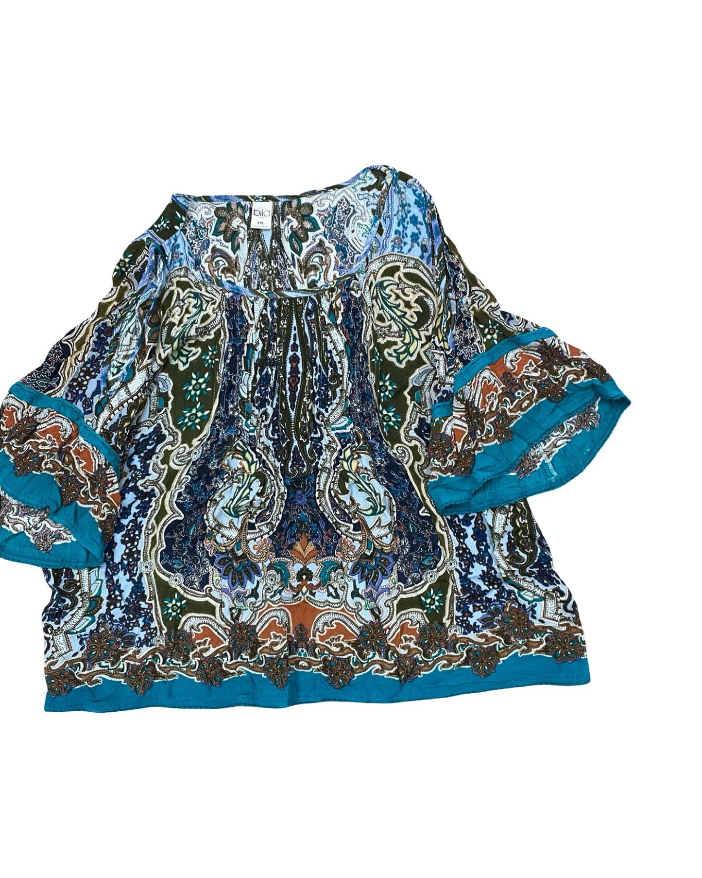 Top 3/4 Sleeve By Bila In Blue & Brown, Size:1X
