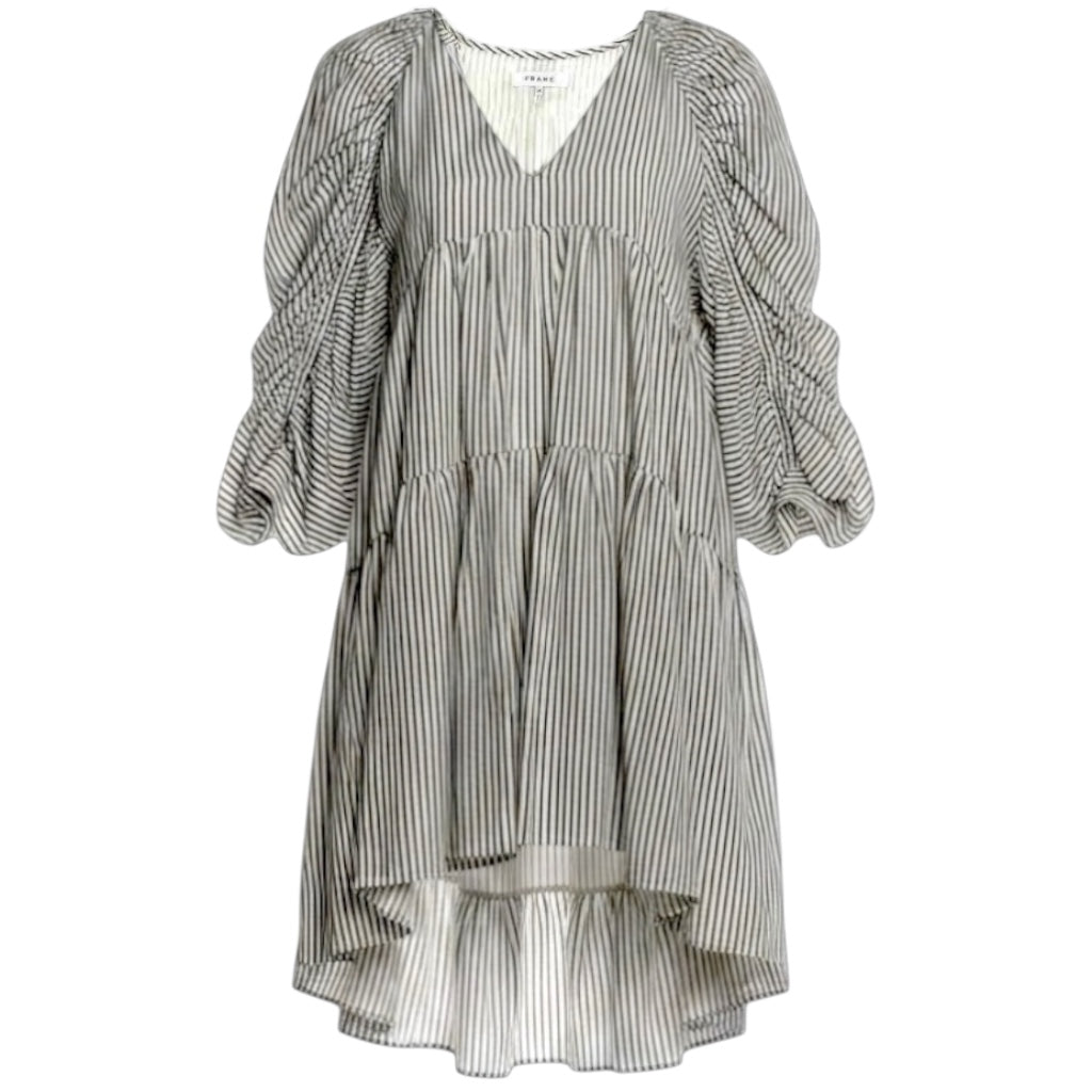 Shirred Empire Waist Tiered Mini Dress By Frame In Striped Pattern, Size: XS