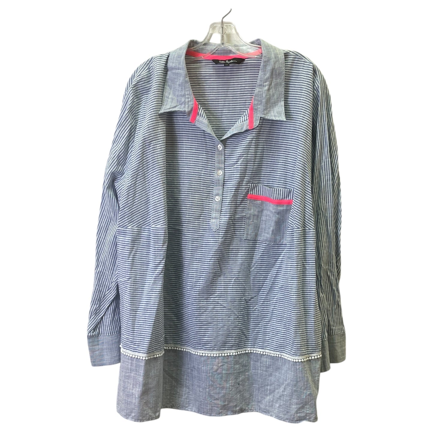 Top Ls By Ulla Popken In Blue & White, Size:3X