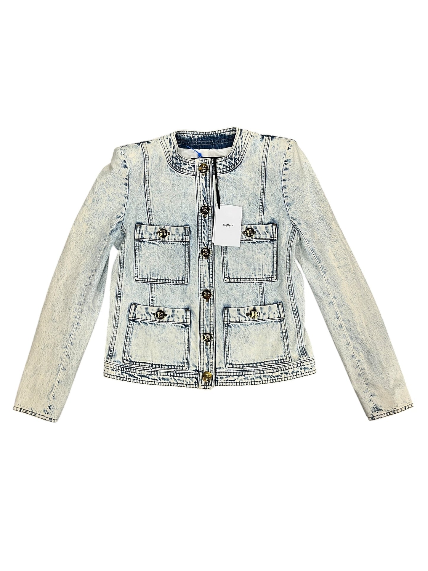 Jacket Luxury Designer By Balmain In Blue Denim, Size:M