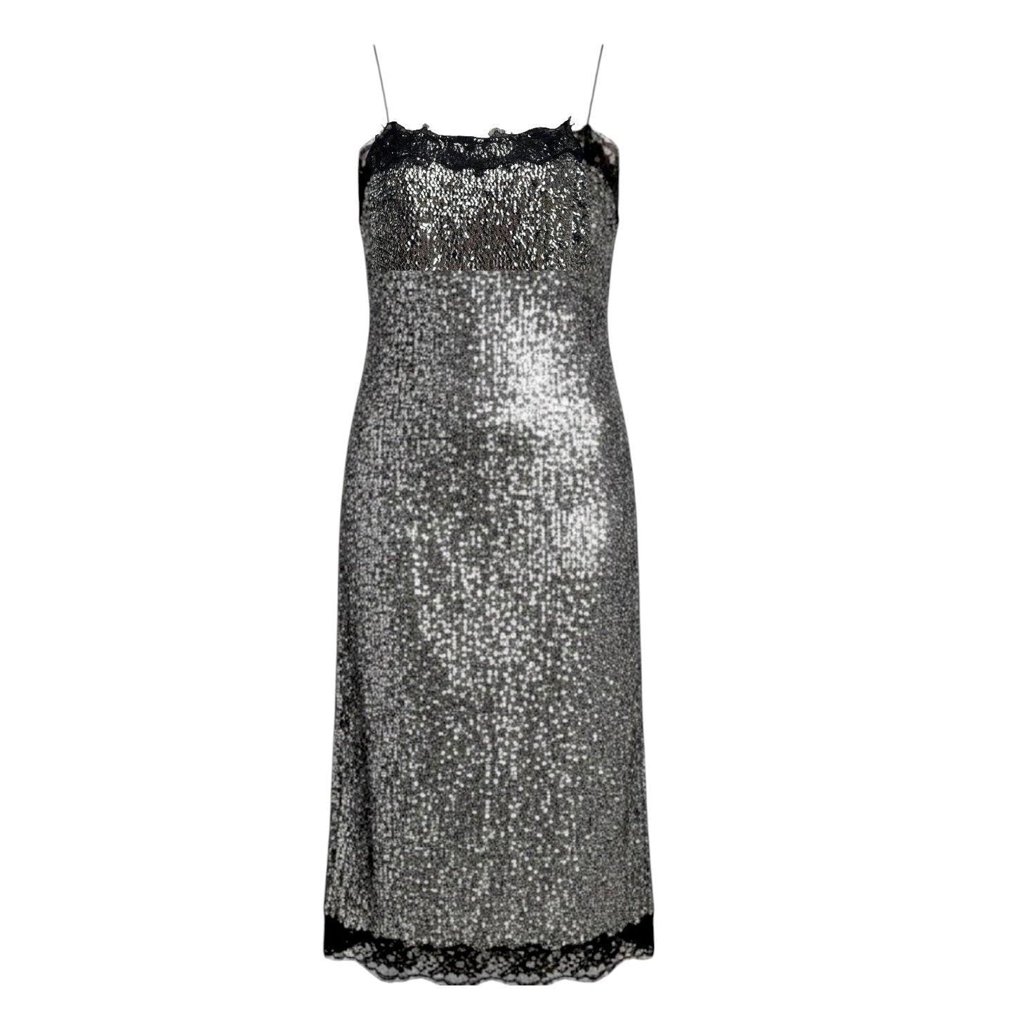 Allegra Sequin Lace Trim Dress Party Midi By Lilly Sisto x Gianni Bini In Silver, Size: 8
