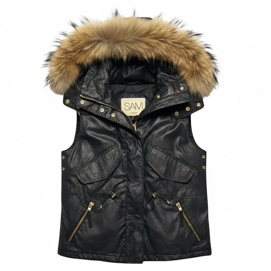 Hayden Asiatic Raccoon Fur Hooded Vest By Sam New York In Black, Size: M