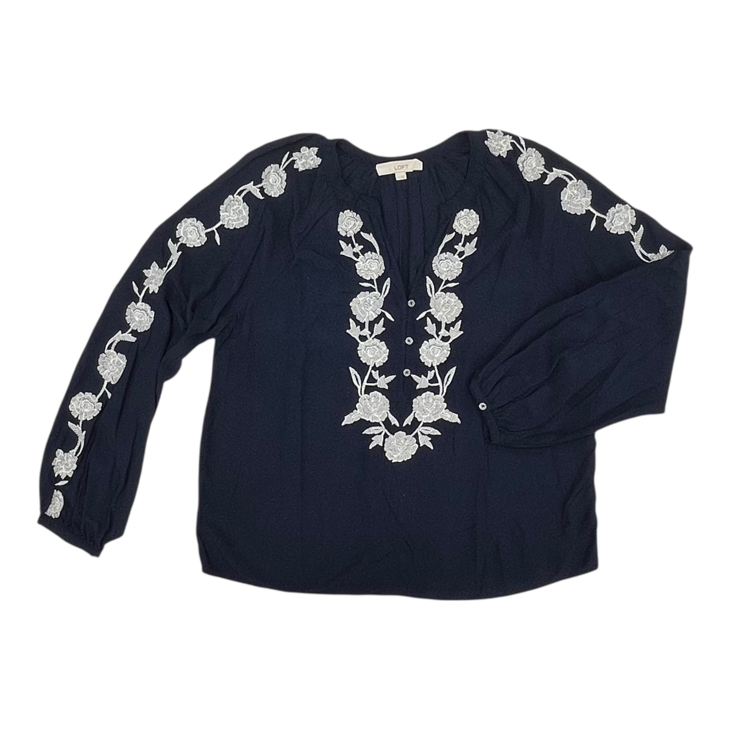 Blouse Ls By Loft In Blue & Cream, Size:M