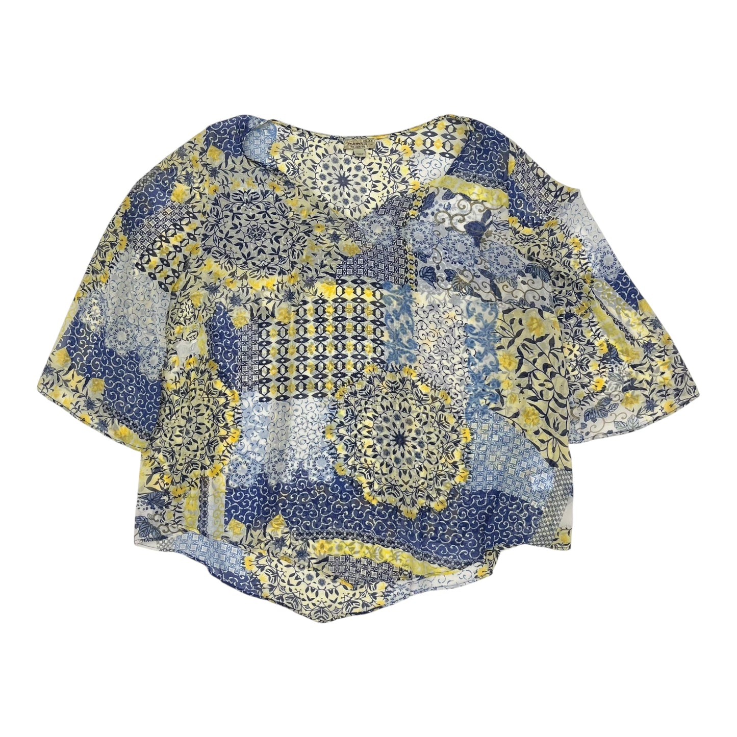 Top 3/4 Sleeve By One World In Blue & Yellow, Size:3X