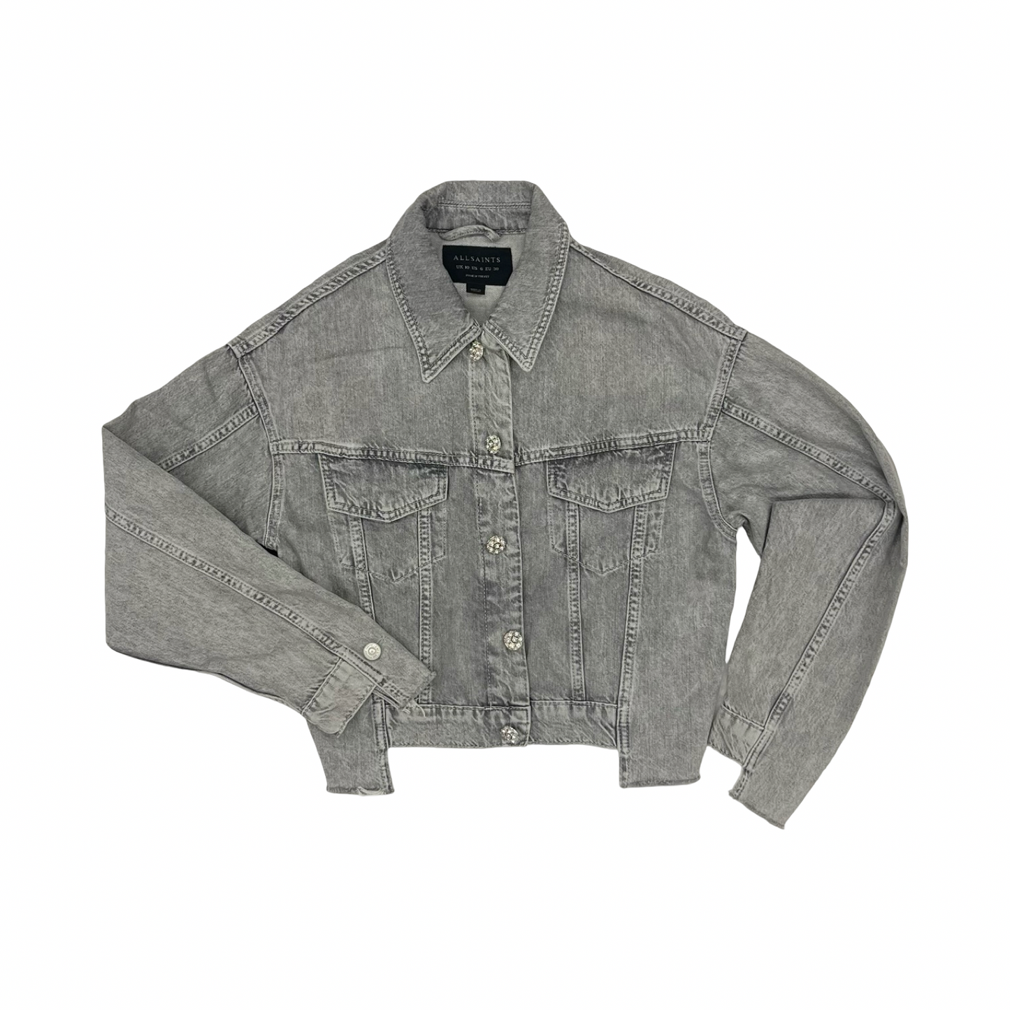 Jacket Designer By All Saints In Grey Denim, Size:S